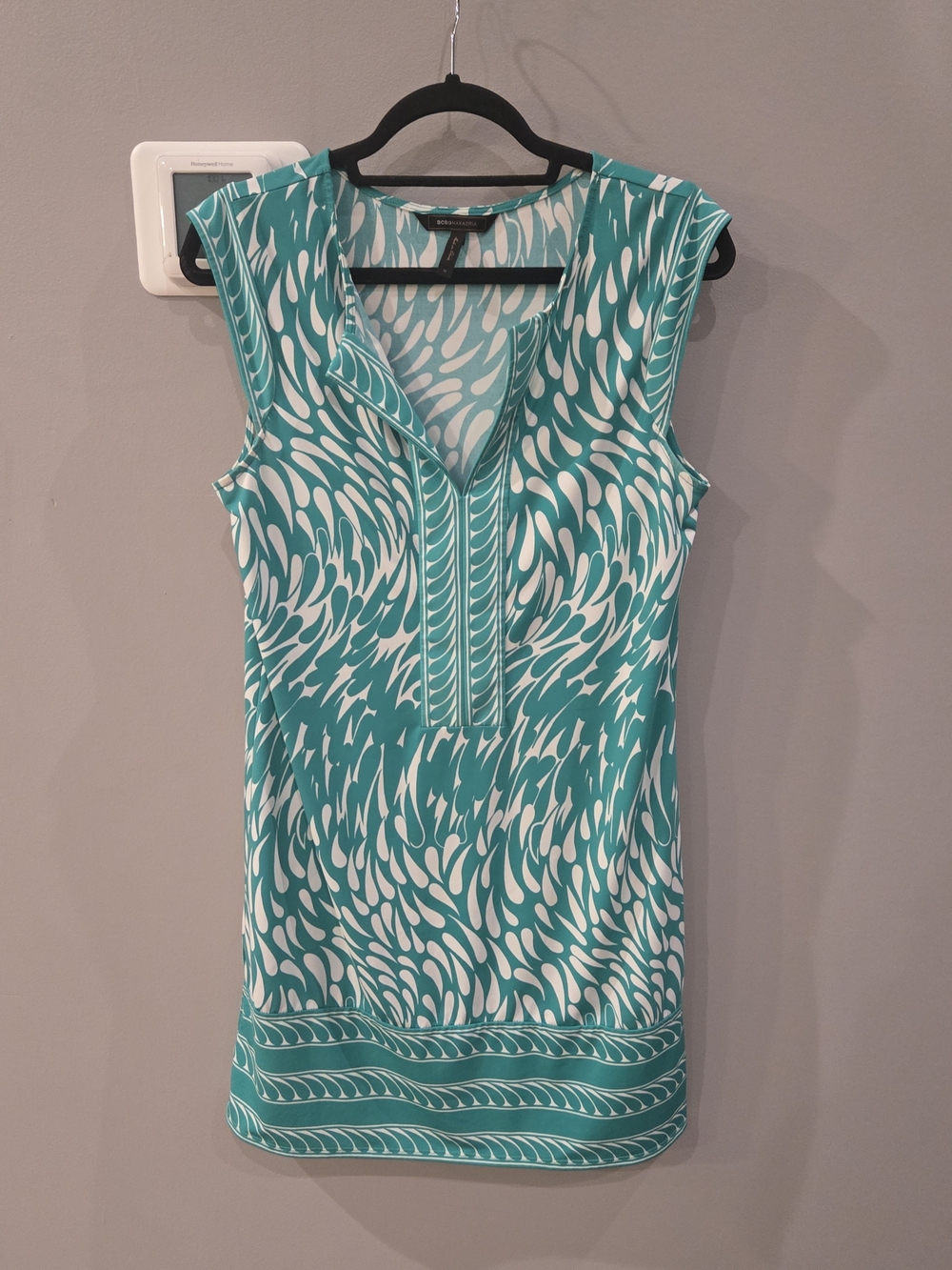 BCBGMAXAZRIA Teal & White Print Stretch Shift Tunic Mini Dress M